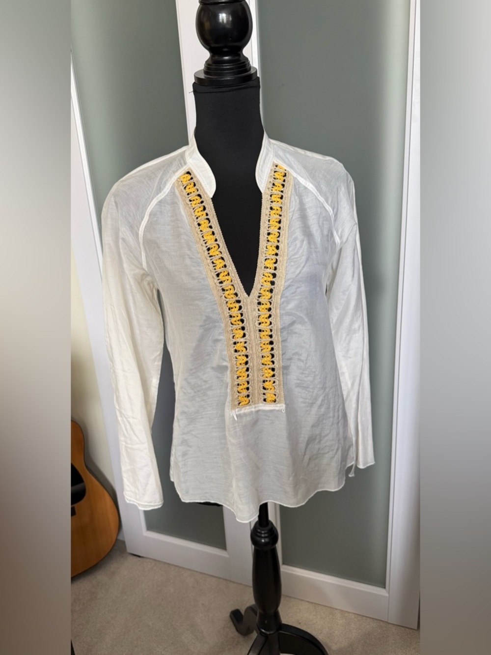 Women's White Boutique Tunic with Yellow Embroidered Placket